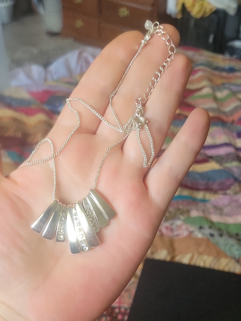 Silver Tone Fan Pendant Necklace with Crystal Accents